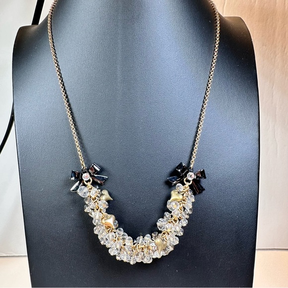 Betsy Johnson clear clustered beads with black bows and gold tone heart choker - Picture 2 of 9